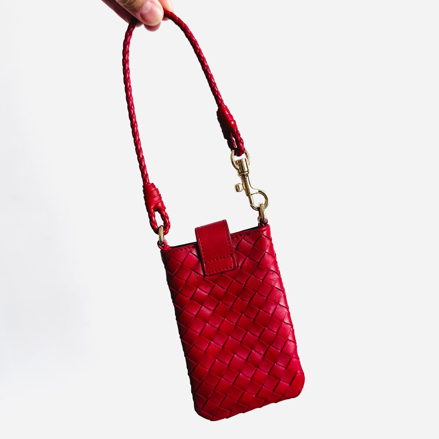 Bottega Veneta BV Red GHW Intrecciato Nappa Woven Leather Mini Pochette Holder Bag