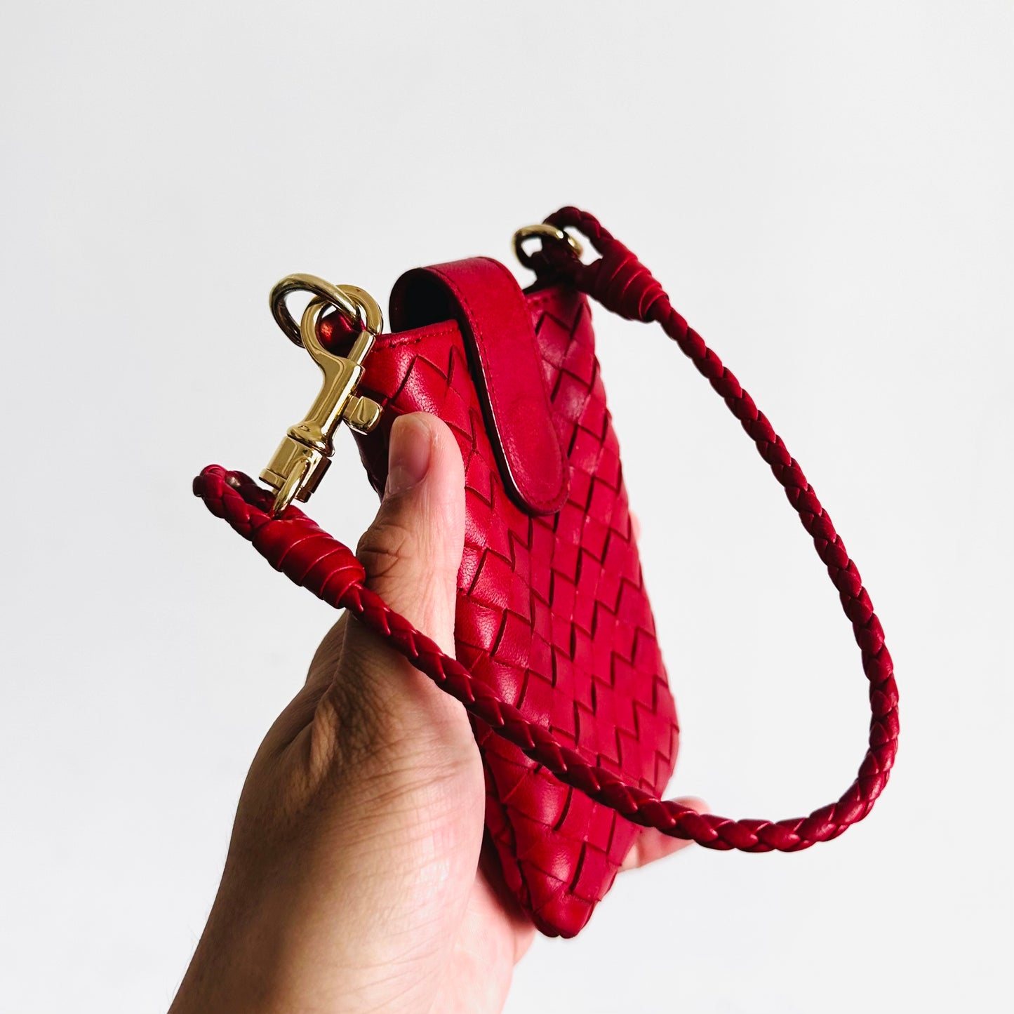 Bottega Veneta BV Red GHW Intrecciato Nappa Woven Leather Mini Pochette Holder Bag