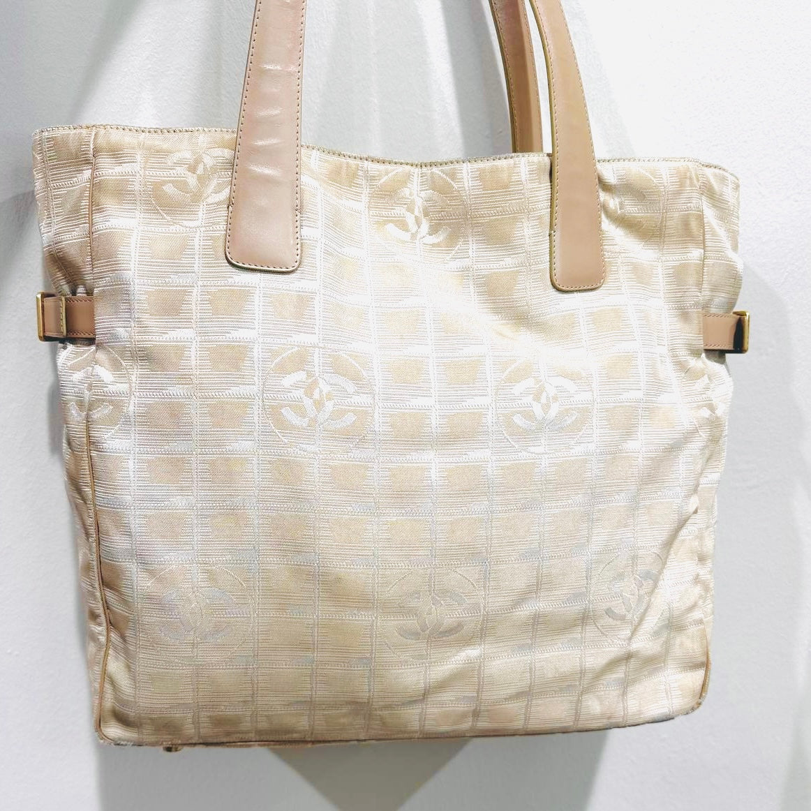 Chanel Beige GHW Travel Line Quilted Jacquard CC Monogram Logo Shopper Shoulder Tote Bag 10s