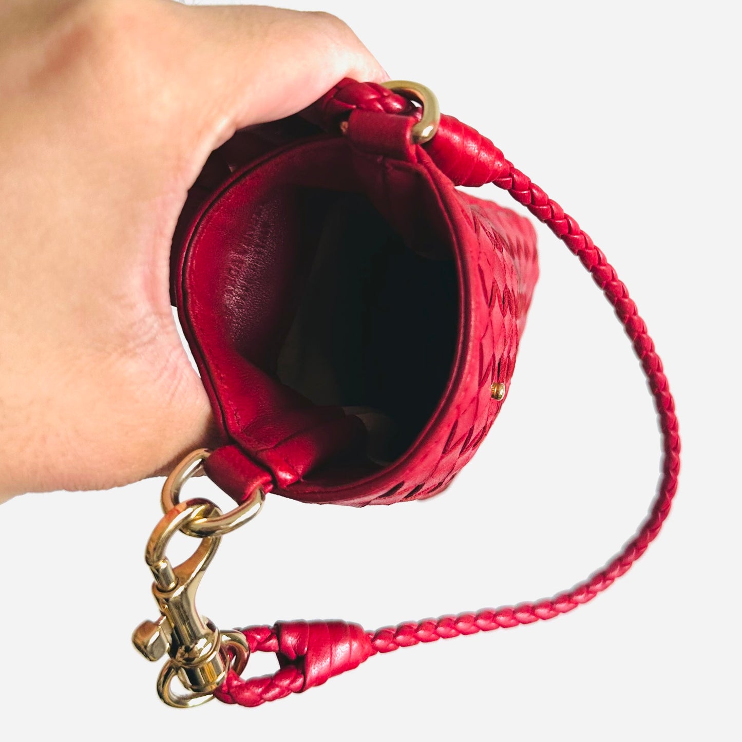 Bottega Veneta BV Red GHW Intrecciato Nappa Woven Leather Mini Pochette Holder Bag