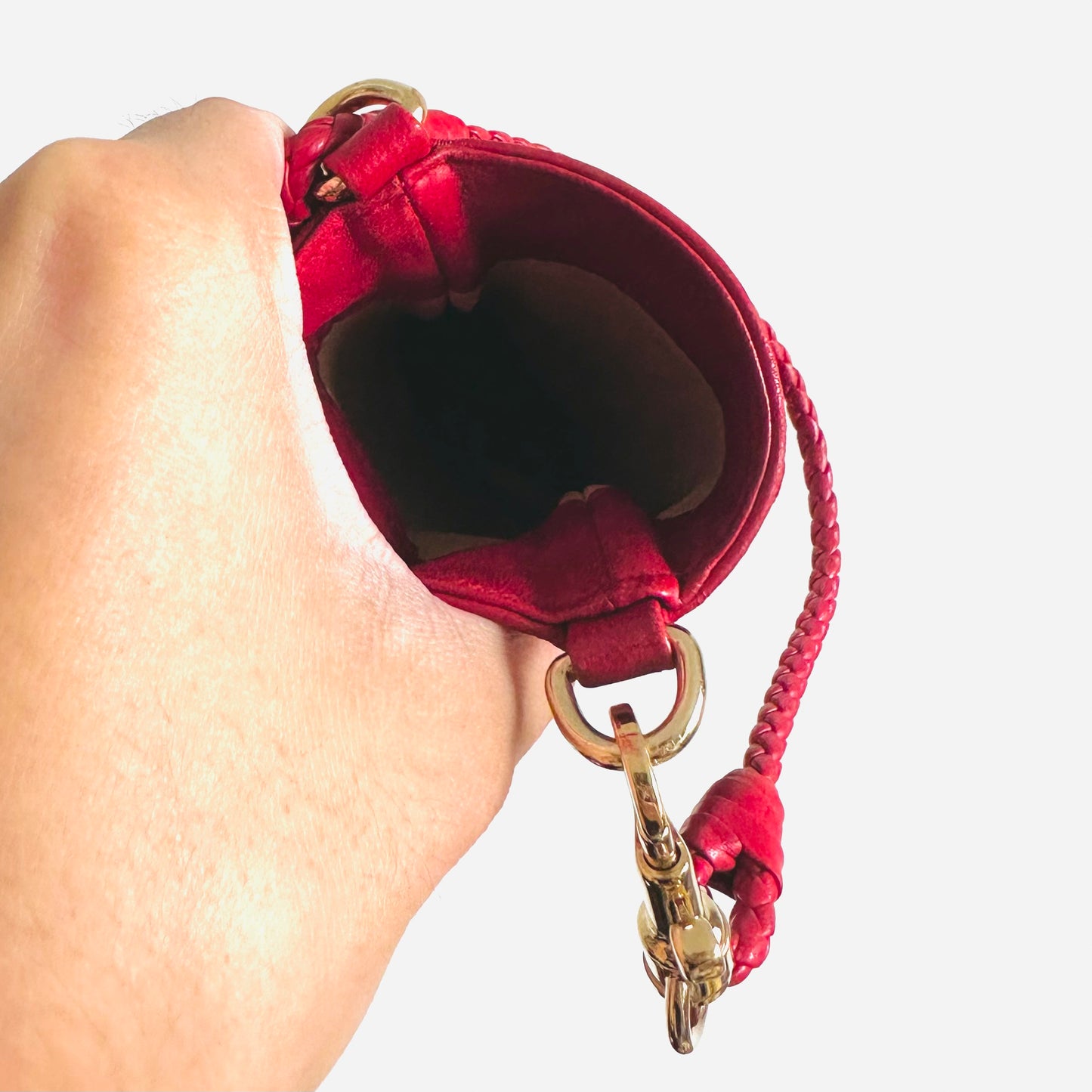 Bottega Veneta BV Red GHW Intrecciato Nappa Woven Leather Mini Pochette Holder Bag