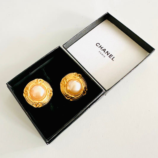 Chanel Classic Monogram Logo Giant 24K Gold & Pearls Large Clip On Vintage Earrings