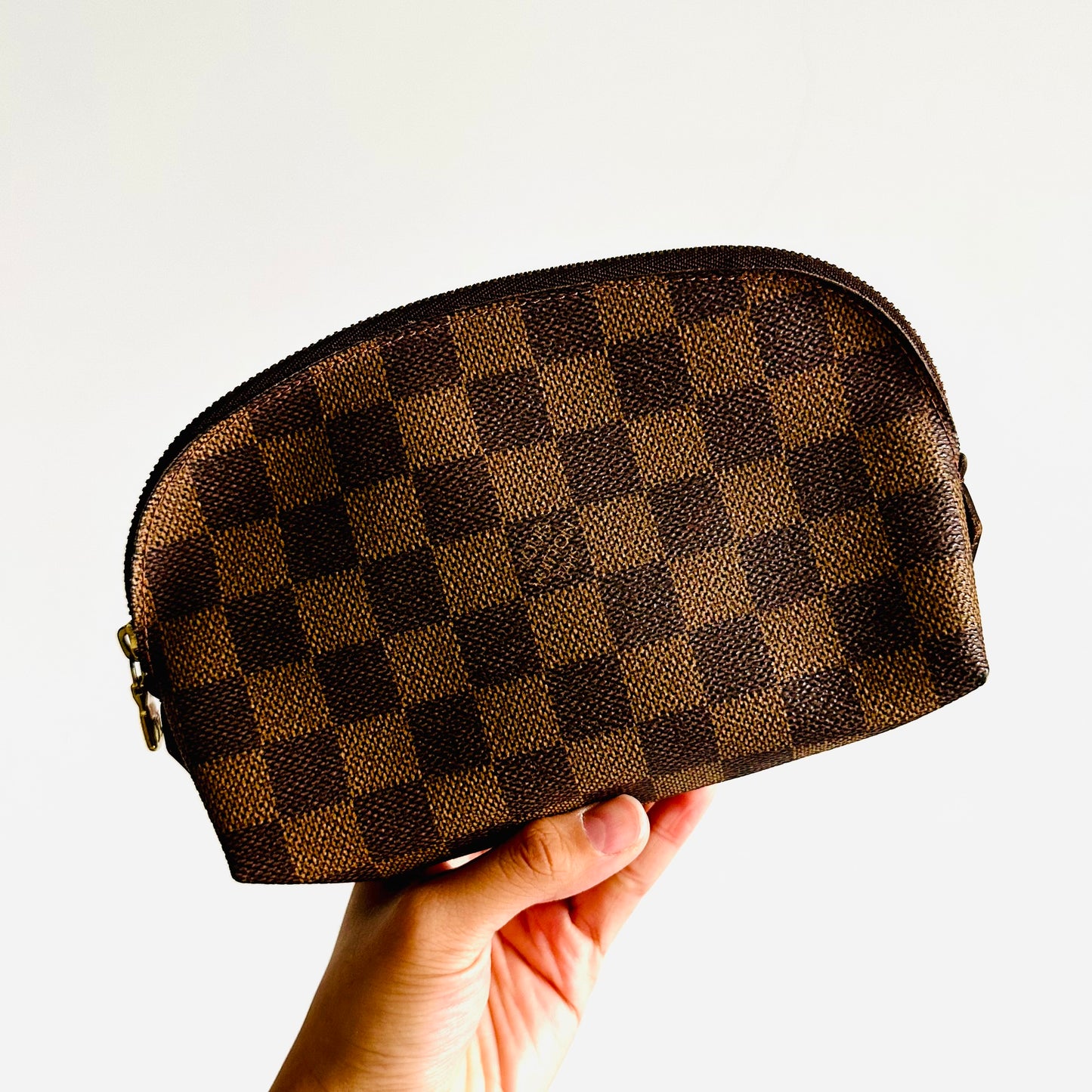 Louis Vuitton LV Damier Ebene DE Monogram Logo GHW Cosmetic Toiletry Pouch Clutch Case