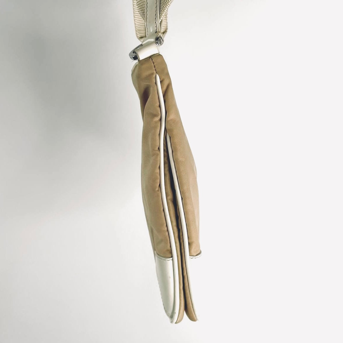 Prada Beige / White Tessuto & Leather Monogram Logo Classic Hobo Baguette Shoulder Sling Bag