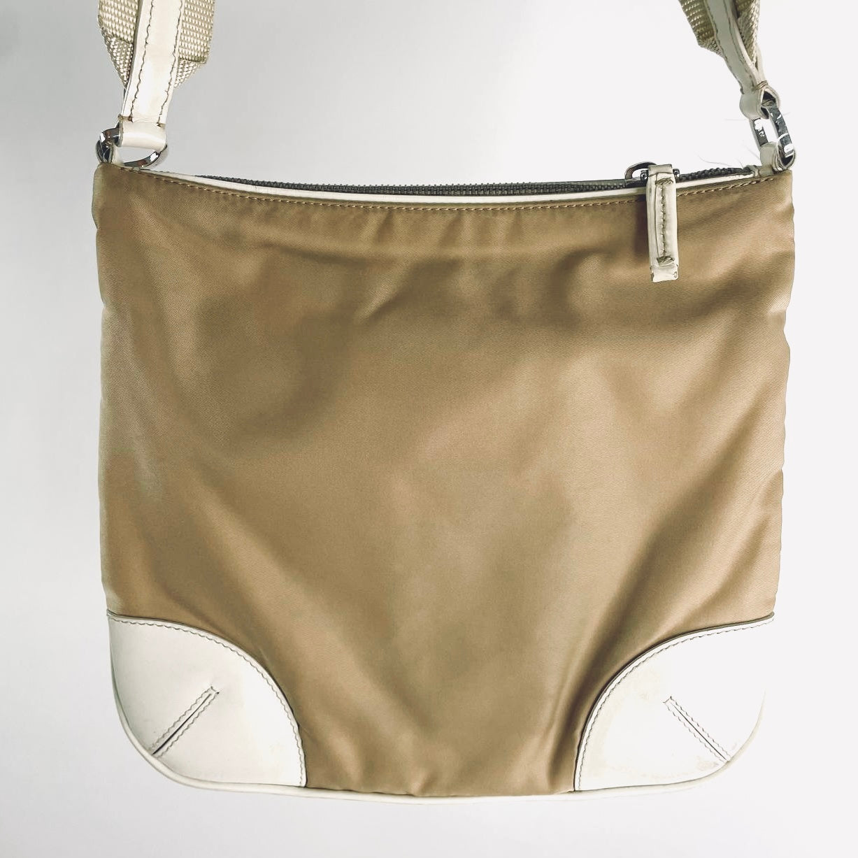 Prada Beige / White Tessuto & Leather Monogram Logo Classic Hobo Baguette Shoulder Sling Bag