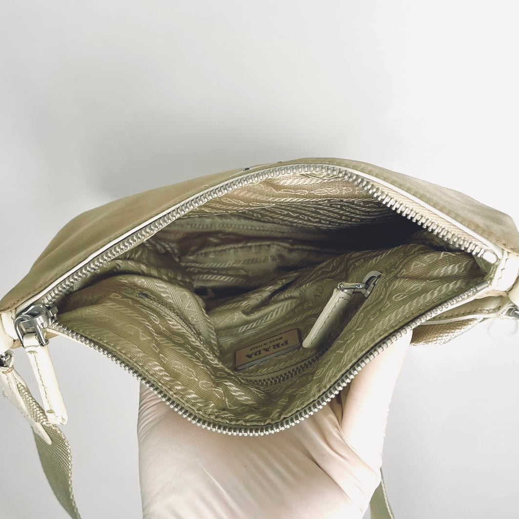 Prada Beige / White Tessuto & Leather Monogram Logo Classic Hobo Baguette Shoulder Sling Bag