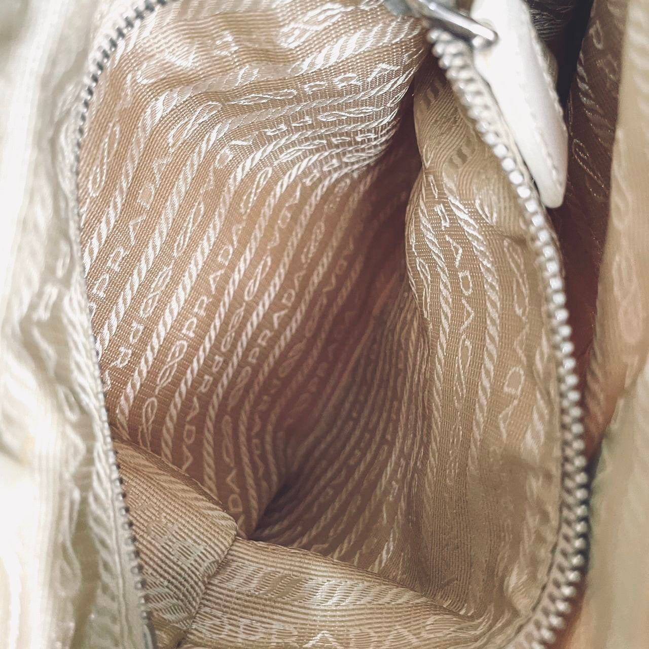 Prada Beige / White Tessuto & Leather Monogram Logo Classic Hobo Baguette Shoulder Sling Bag
