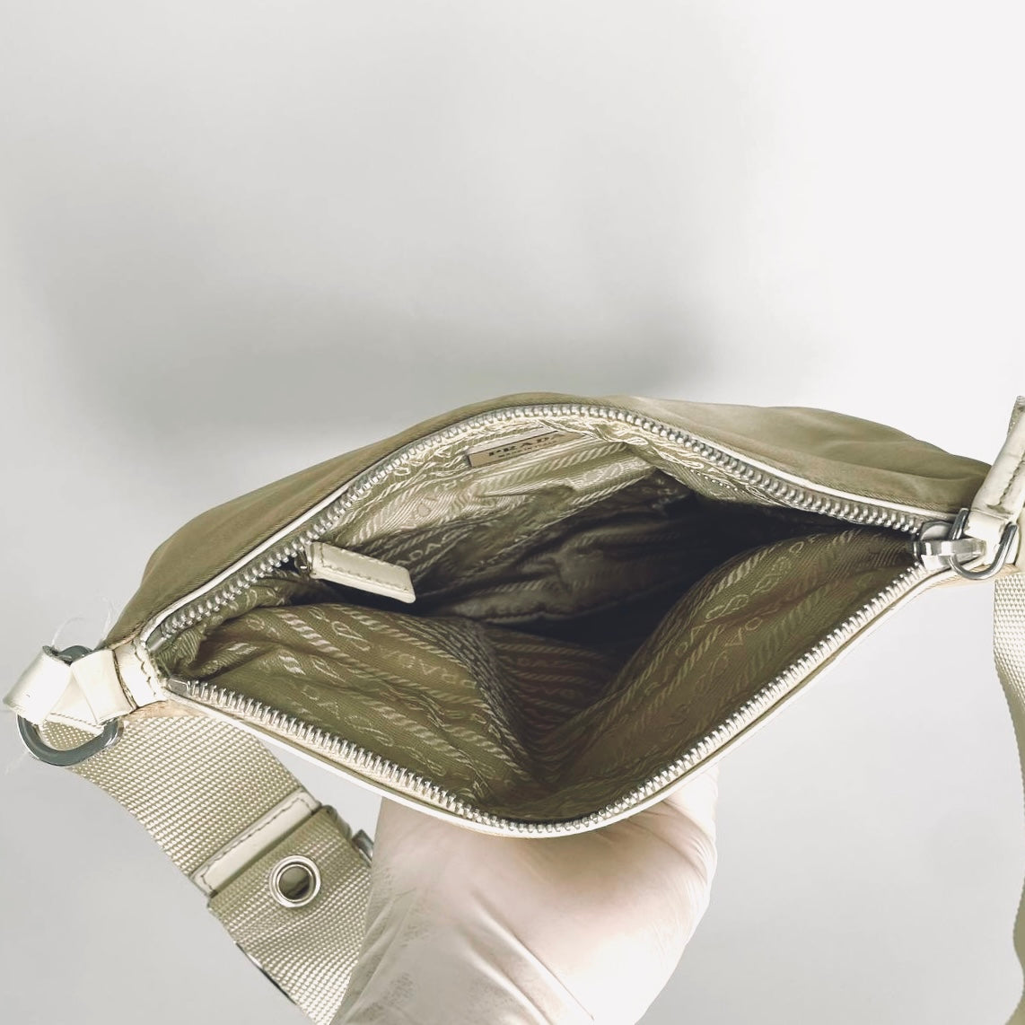 Prada Beige / White Tessuto & Leather Monogram Logo Classic Hobo Baguette Shoulder Sling Bag