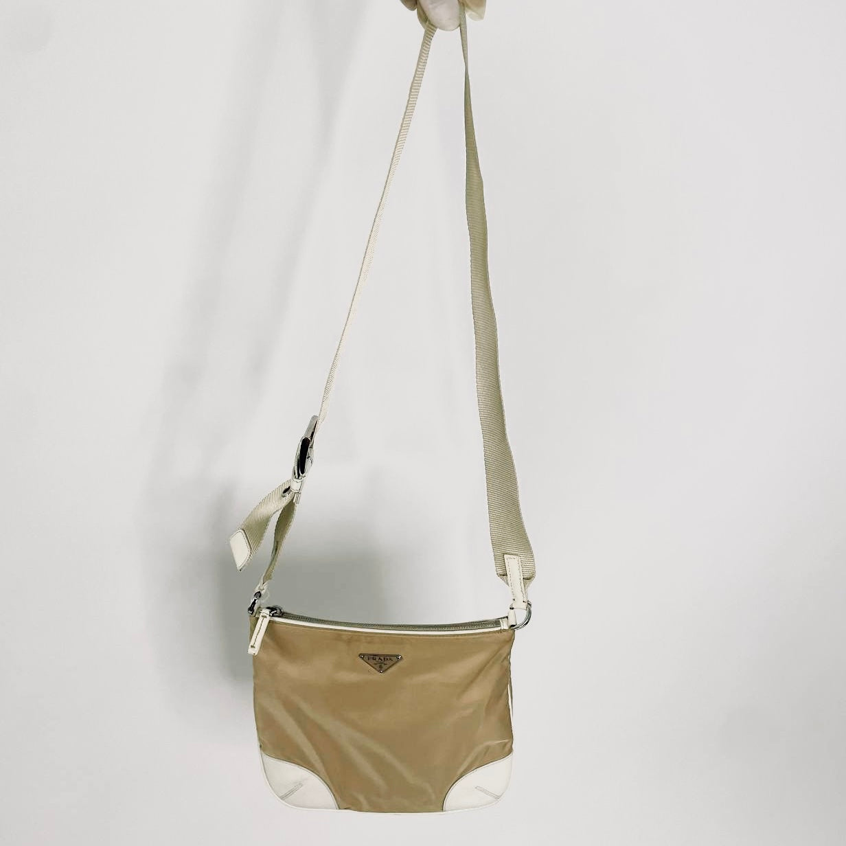 Prada Beige / White Tessuto & Leather Monogram Logo Classic Hobo Baguette Shoulder Sling Bag