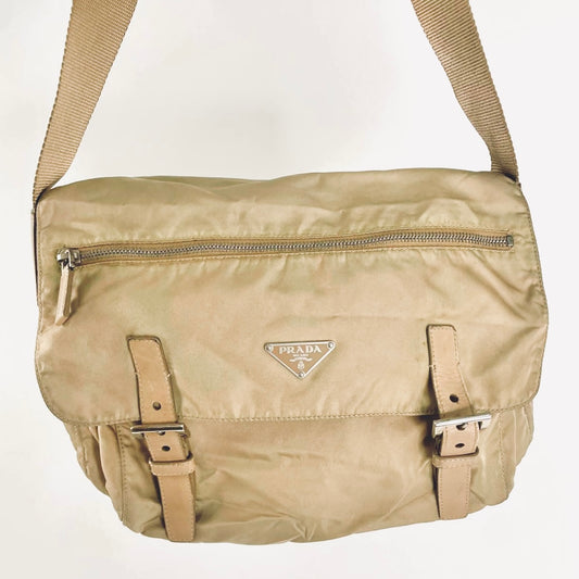 Prada Beige Khaki Tessuto Classic Monogram Logo Nylon & Leather Flap Shoulder Sling Bag