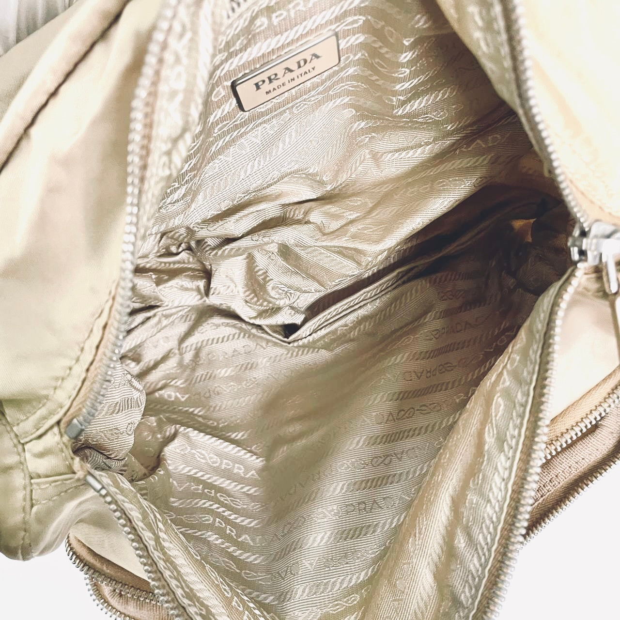 Prada Beige Khaki Tessuto Classic Monogram Logo Nylon & Leather Flap Shoulder Sling Bag