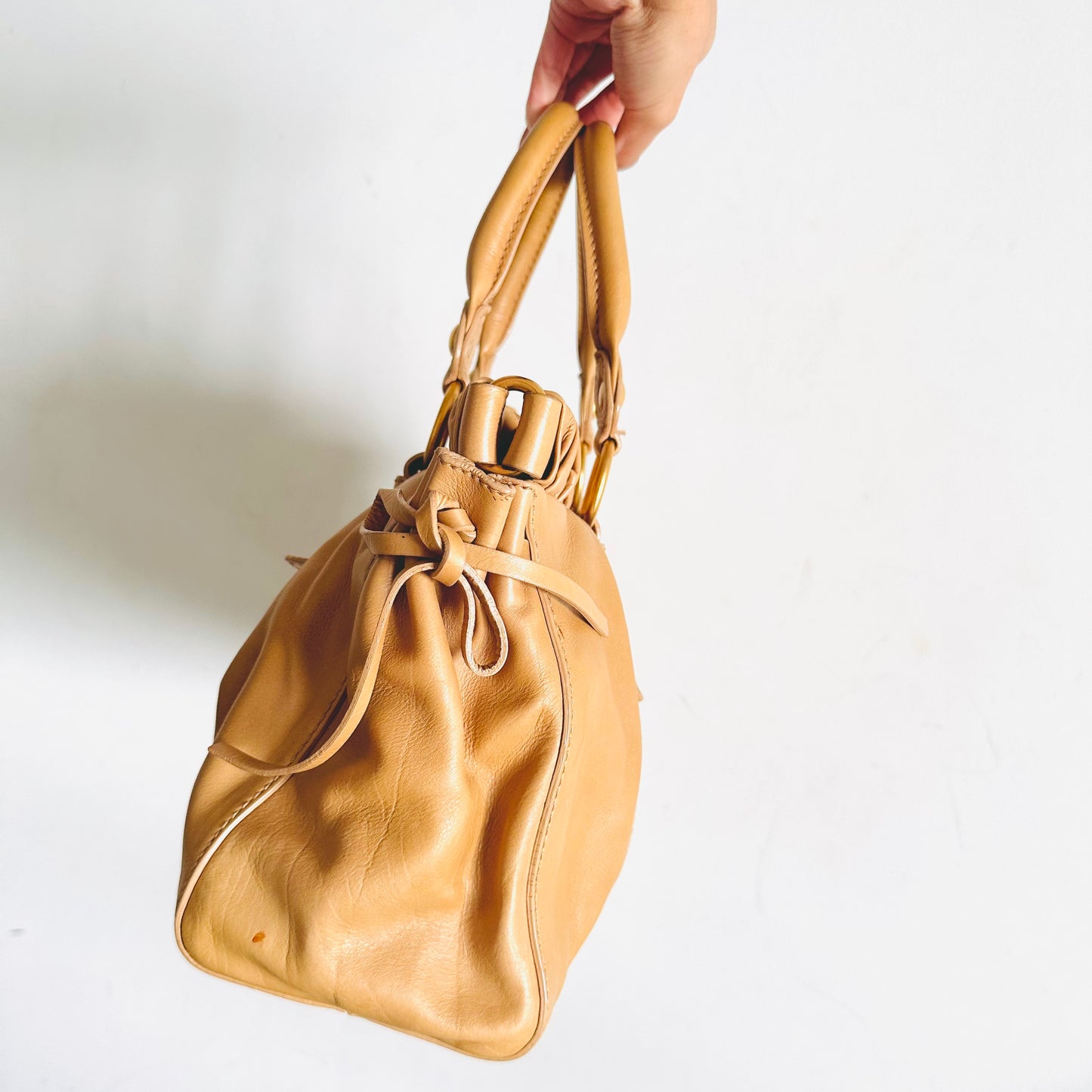 Miu Miu Beige GHW Vitello Lux Classic Logo Shopper 2-Way Shoulder Sling Tote Bag