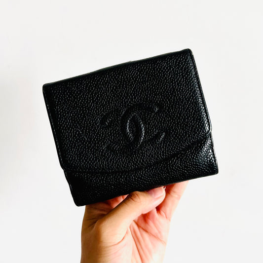 Chanel Black GHW Caviar Leather Giant CC Logo Flap Vintage Bifold Compact Wallet 6s