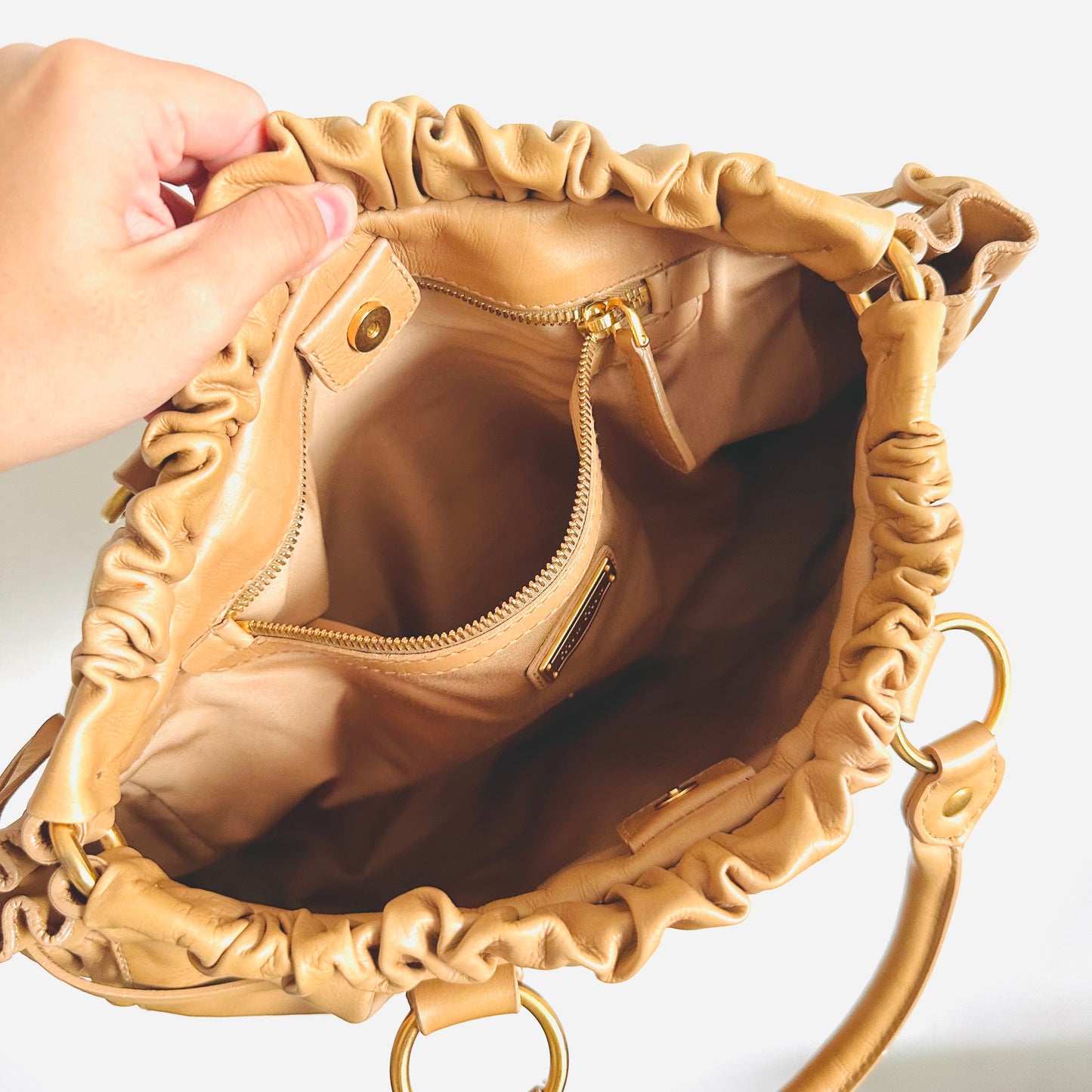 Miu Miu Beige GHW Vitello Lux Classic Logo Shopper 2-Way Shoulder Sling Tote Bag