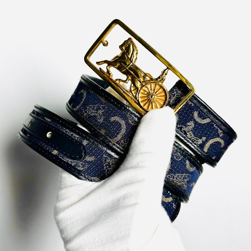 Celine Blue GHW Giant Carriage Monogram Logo 35MM Smooth Leather & Fabric Iconic Belt