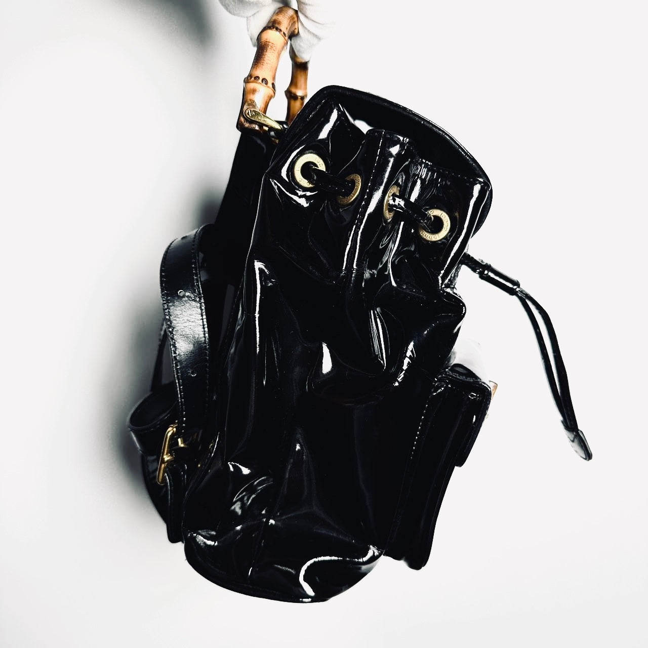 Gucci Black GHW Bamboo Handle Patent Leather Monogram Logo Small Flap Backpack Bag