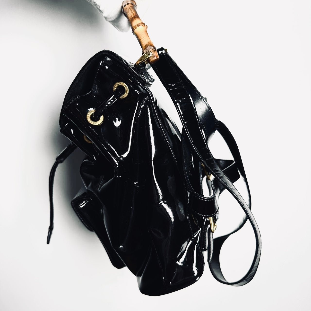 Gucci Black GHW Bamboo Handle Patent Leather Monogram Logo Small Flap Backpack Bag