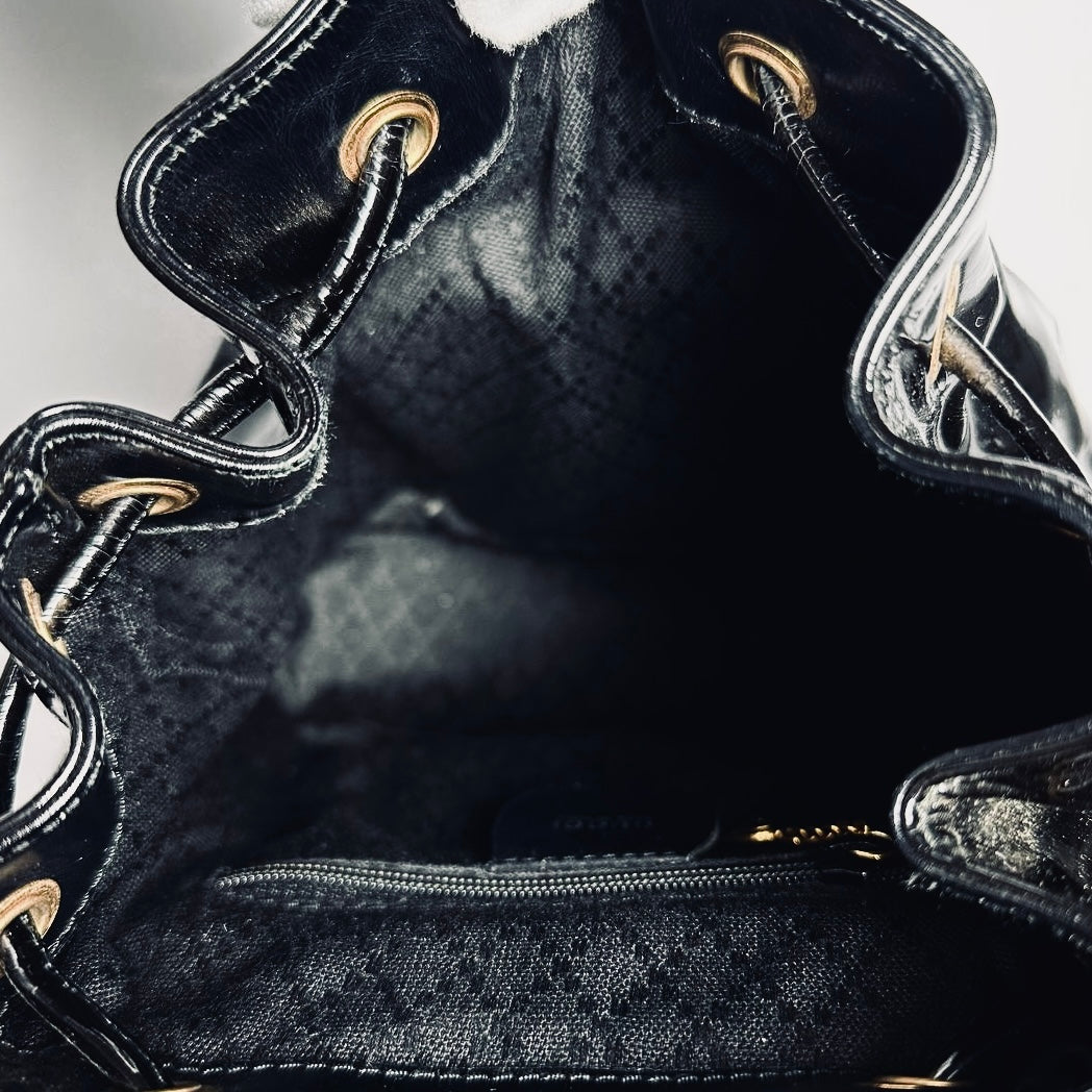 Gucci Black GHW Bamboo Handle Patent Leather Monogram Logo Small Flap Backpack Bag