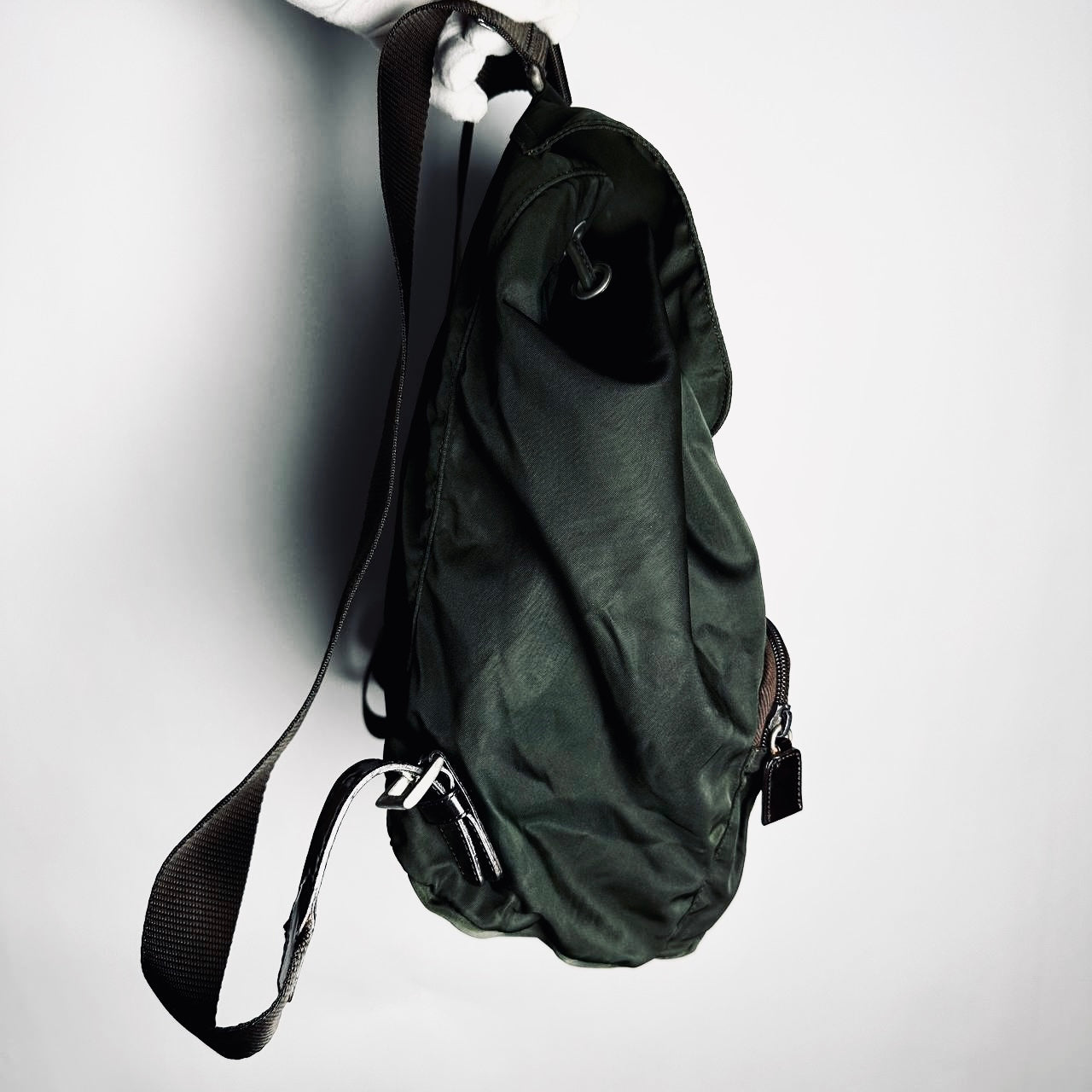 Prada Ebano Khaki Monogram Logo Vela Classic Nylon & Leather Drawstring Backpack Bag