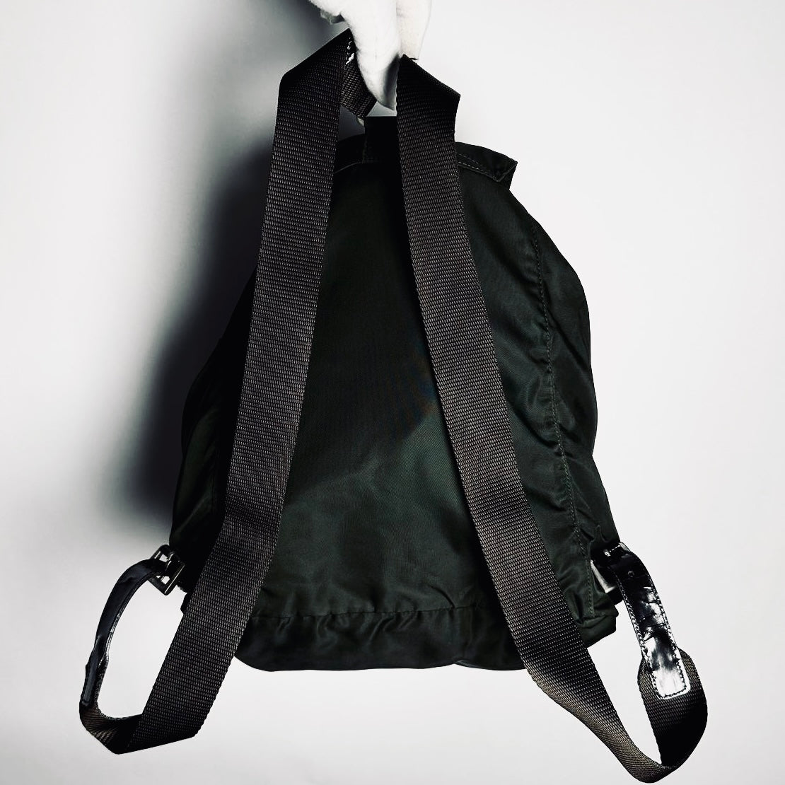 Prada Ebano Khaki Monogram Logo Vela Classic Nylon & Leather Drawstring Backpack Bag