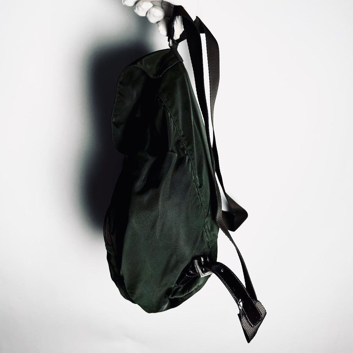Prada Ebano Khaki Monogram Logo Vela Classic Nylon & Leather Drawstring Backpack Bag