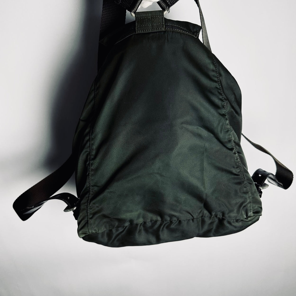 Prada Ebano Khaki Monogram Logo Vela Classic Nylon & Leather Drawstring Backpack Bag