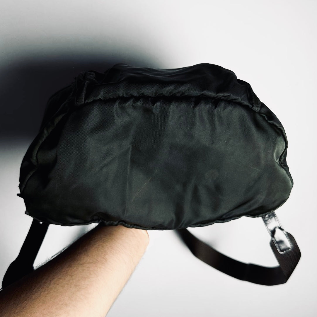Prada Ebano Khaki Monogram Logo Vela Classic Nylon & Leather Drawstring Backpack Bag