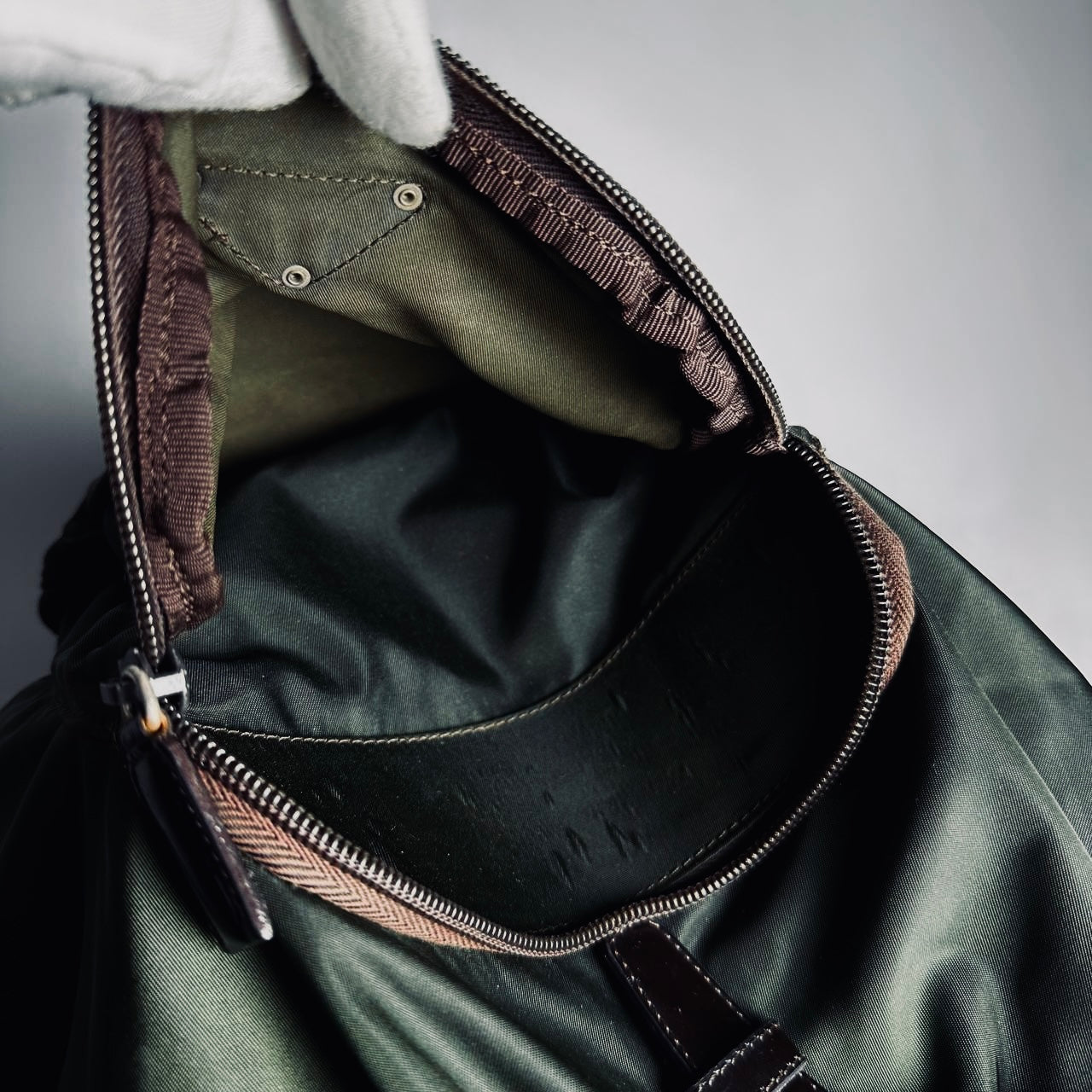 Prada Ebano Khaki Monogram Logo Vela Classic Nylon & Leather Drawstring Backpack Bag