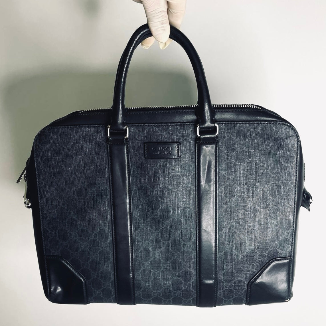 Gucci Supreme Black GG Monogram Logo Briefcase Document Top Handle Bag