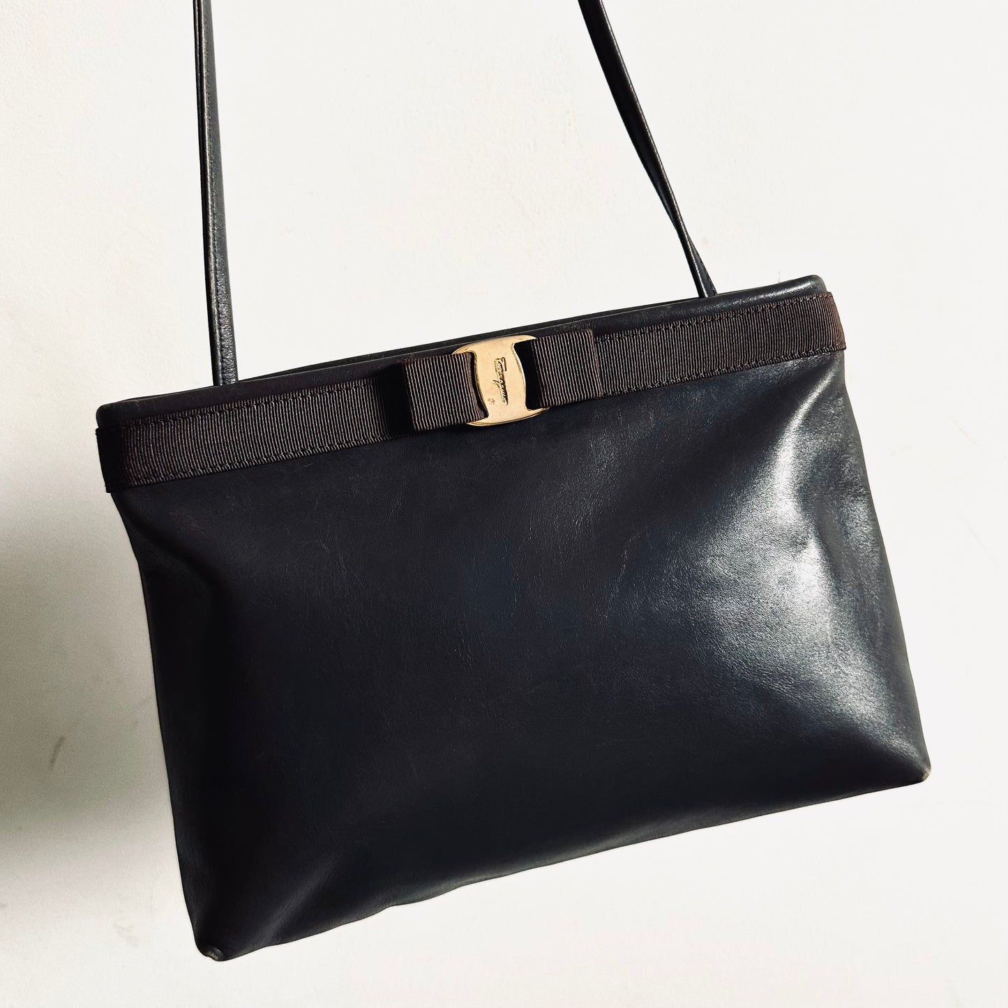 Salvatore Ferragamo Vara Bow Dark Grey GHW Monogram Logo Smooth Leather Shoulder Sling Bag