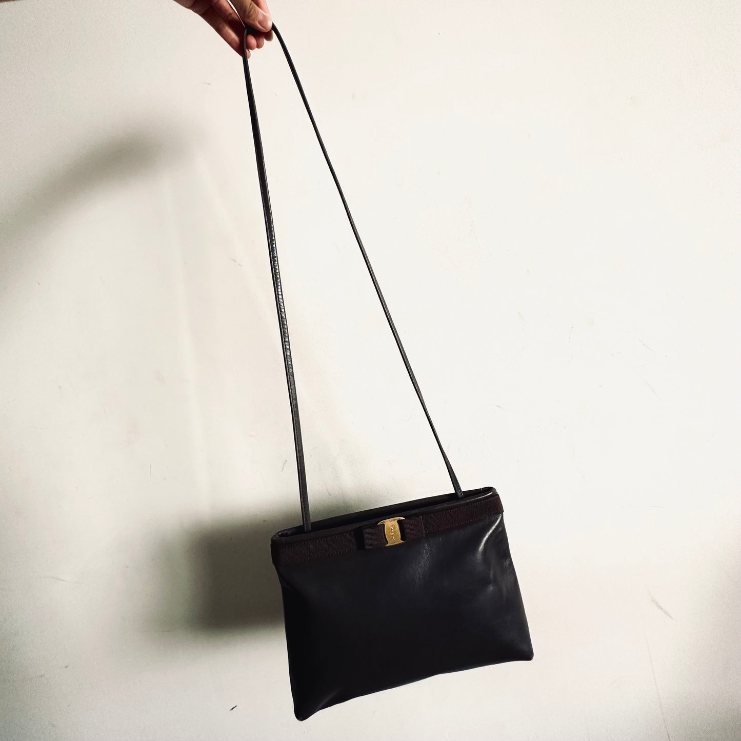 Salvatore Ferragamo Vara Bow Dark Grey GHW Monogram Logo Smooth Leather Shoulder Sling Bag