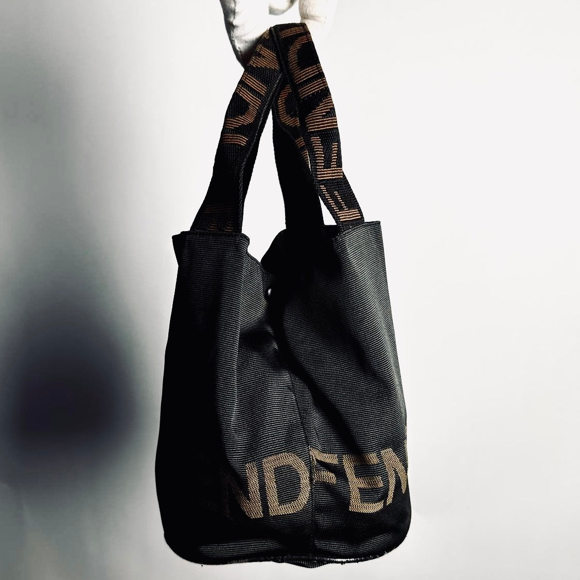 Fendi Black Zucca FF Roma Monogram Logo Bucket Small Shopper Vertical Tall Tote Bag