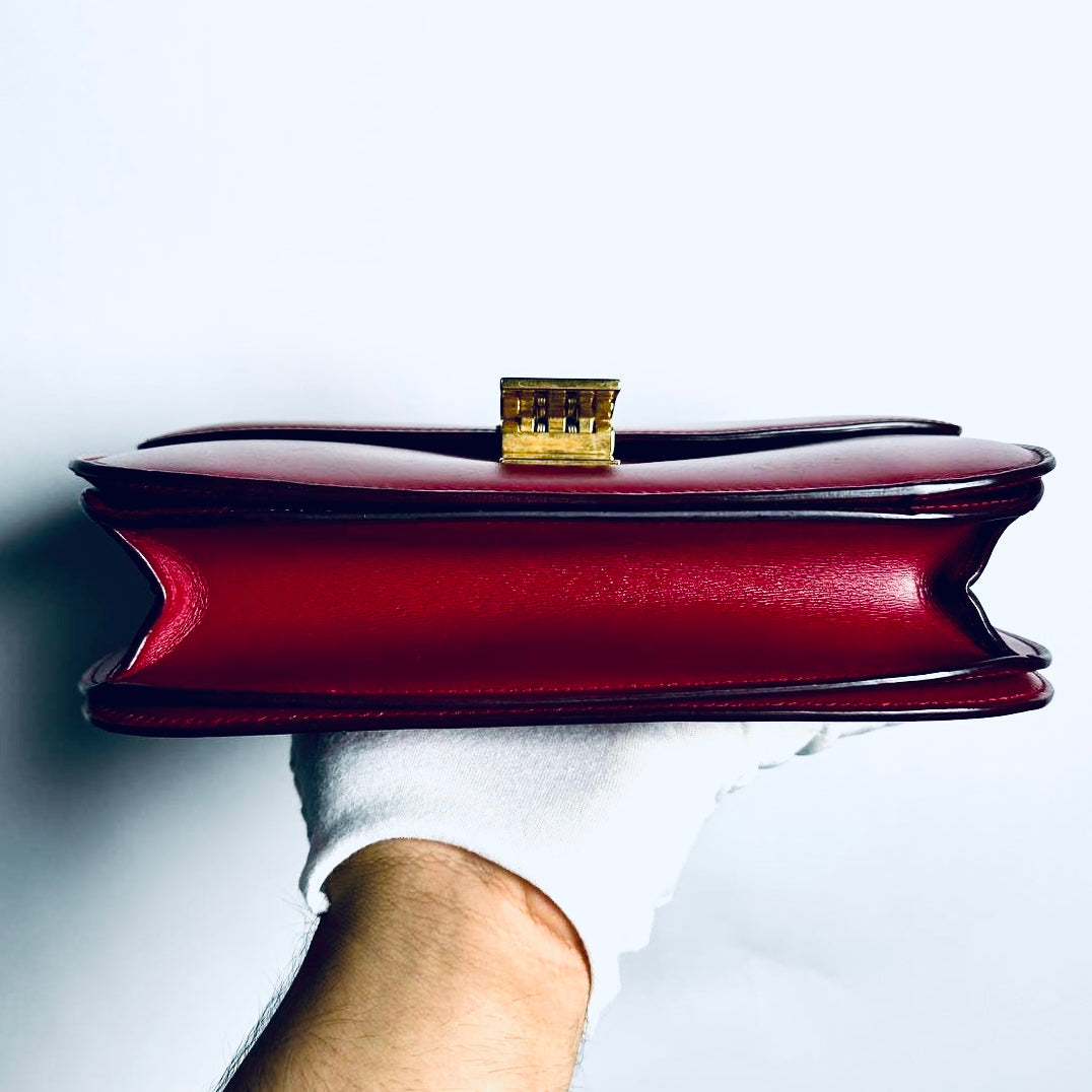Celine Deep Red GHW Medium Classic Box Monogram Logo Smooth Leather Shoulder Sling Bag