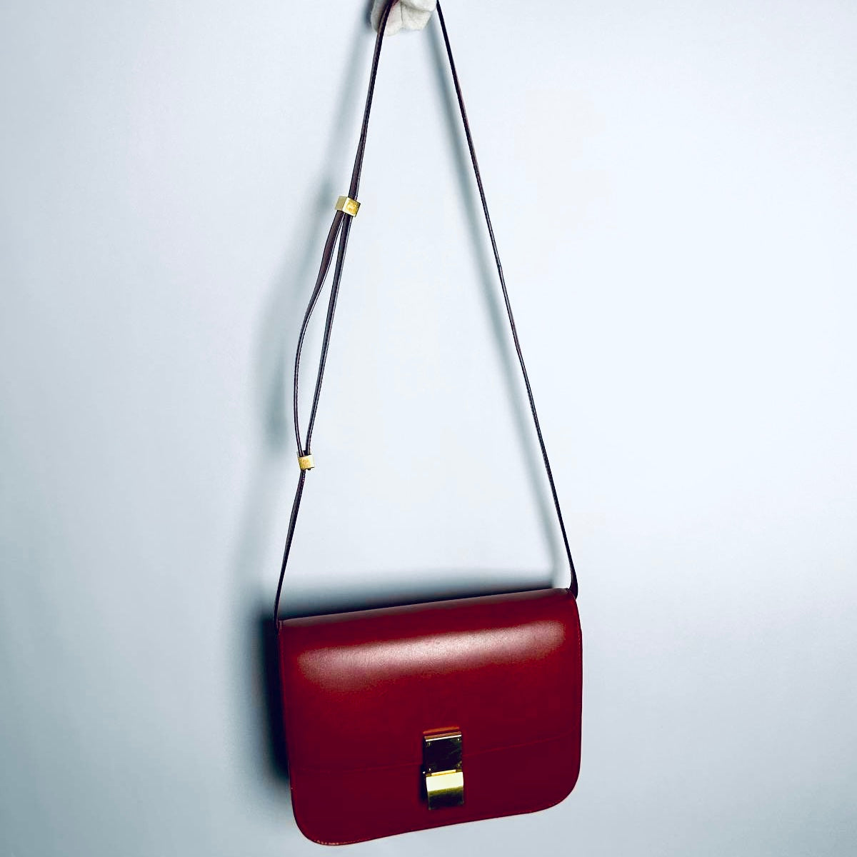 Celine Deep Red GHW Medium Classic Box Monogram Logo Smooth Leather Shoulder Sling Bag
