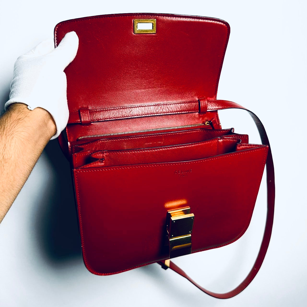 Celine Deep Red GHW Medium Classic Box Monogram Logo Smooth Leather Shoulder Sling Bag