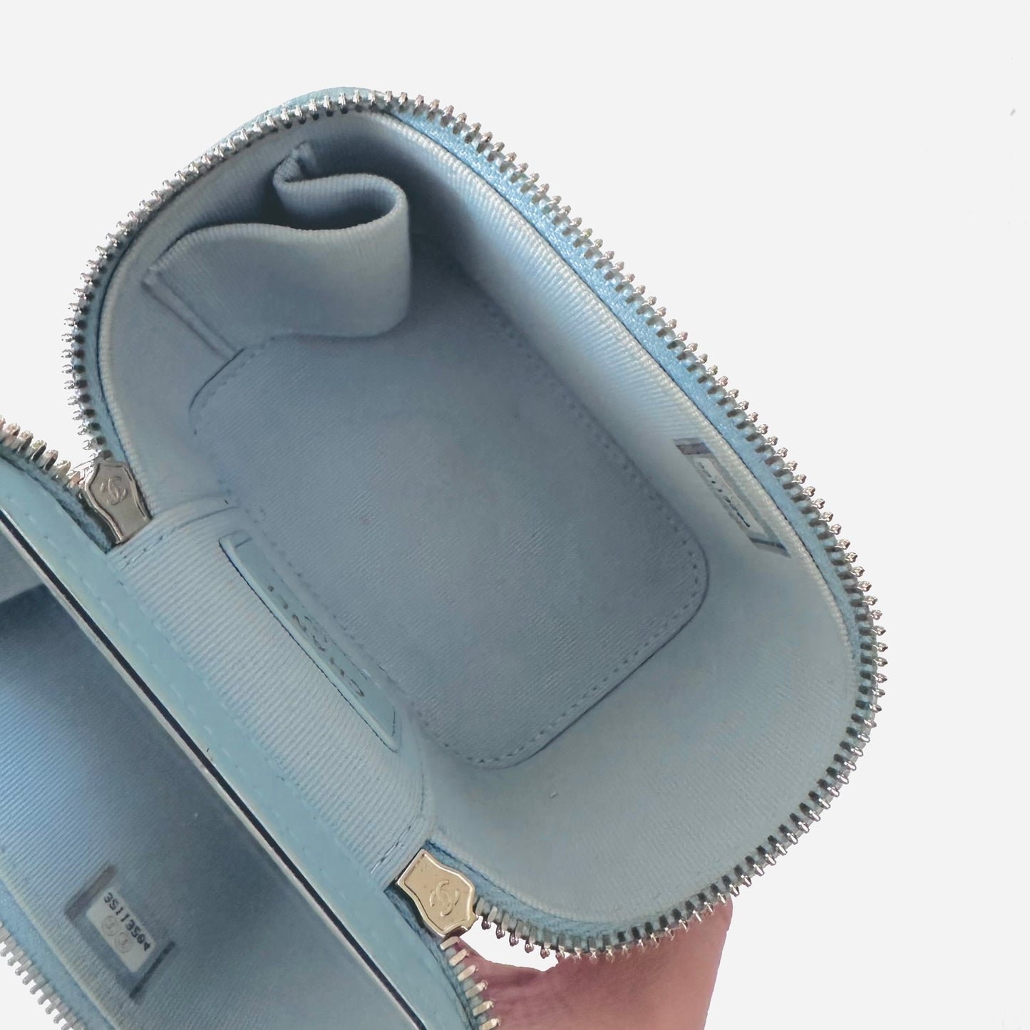 Chanel 22P Sky Blue GHW Pearl Chain CC Logo Quilted Lambskin Pearl Chain Vanity Case Sling Bag 32s