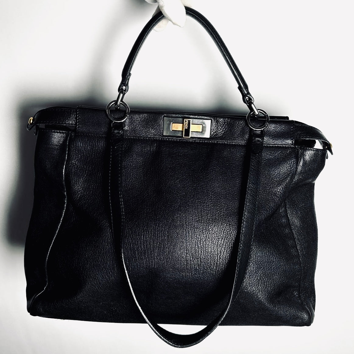 Fendi Peekaboo Black FF Zucca Monogram Logo Nappa Leather 2-Way Shoulder Sling Turnlock Top Handle Bag
