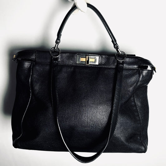 Fendi Peekaboo Black FF Zucca Monogram Logo Nappa Leather 2-Way Shoulder Sling Turnlock Top Handle Bag