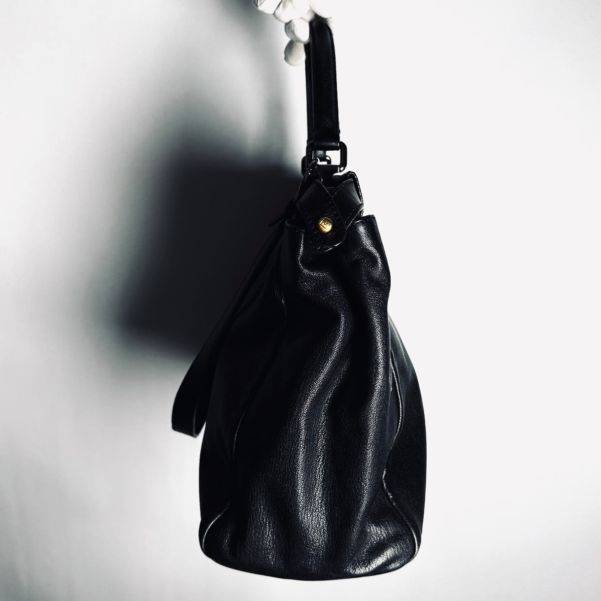 Fendi Peekaboo Black FF Zucca Monogram Logo Nappa Leather 2-Way Shoulder Sling Turnlock Top Handle Bag