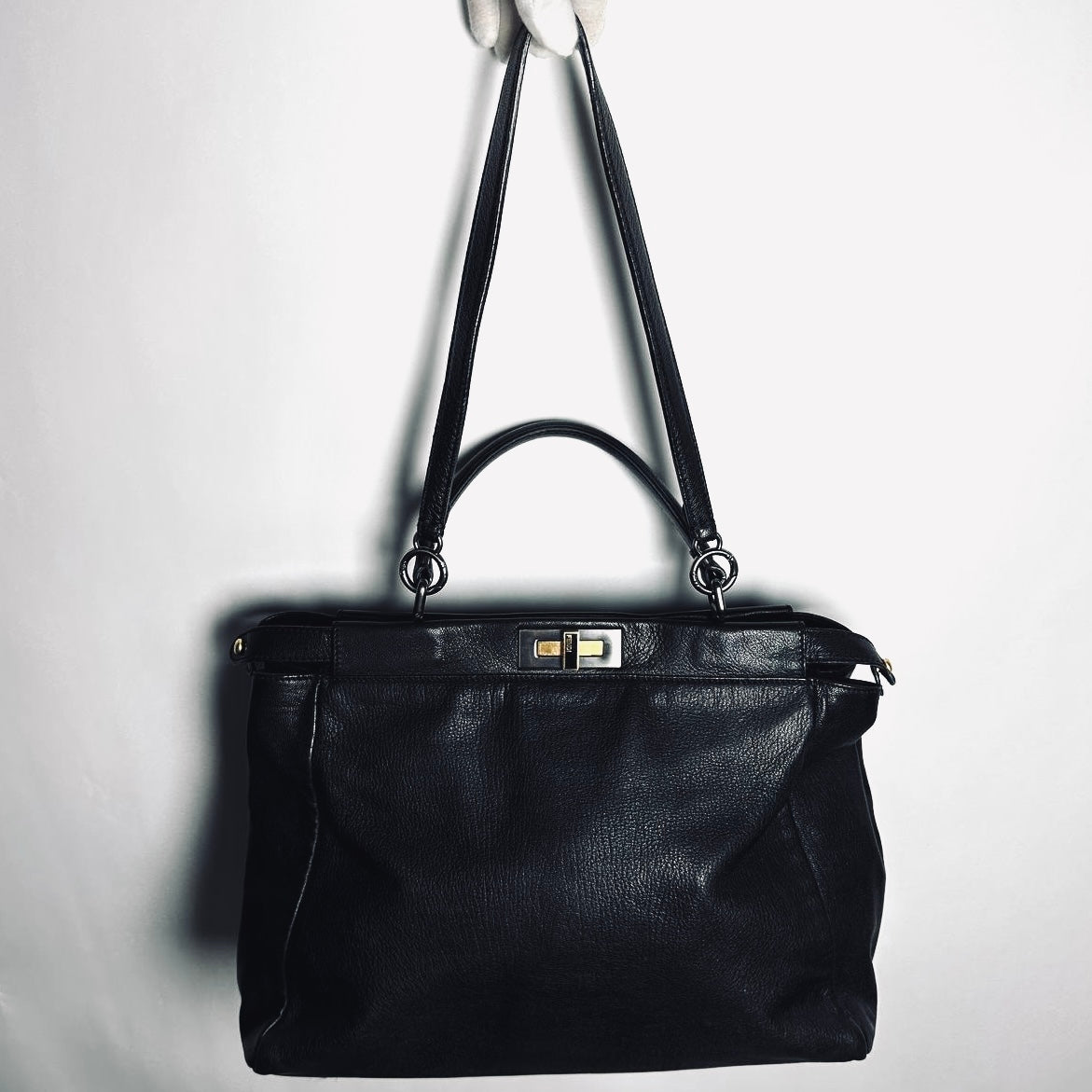 Fendi Peekaboo Black FF Zucca Monogram Logo Nappa Leather 2-Way Shoulder Sling Turnlock Top Handle Bag