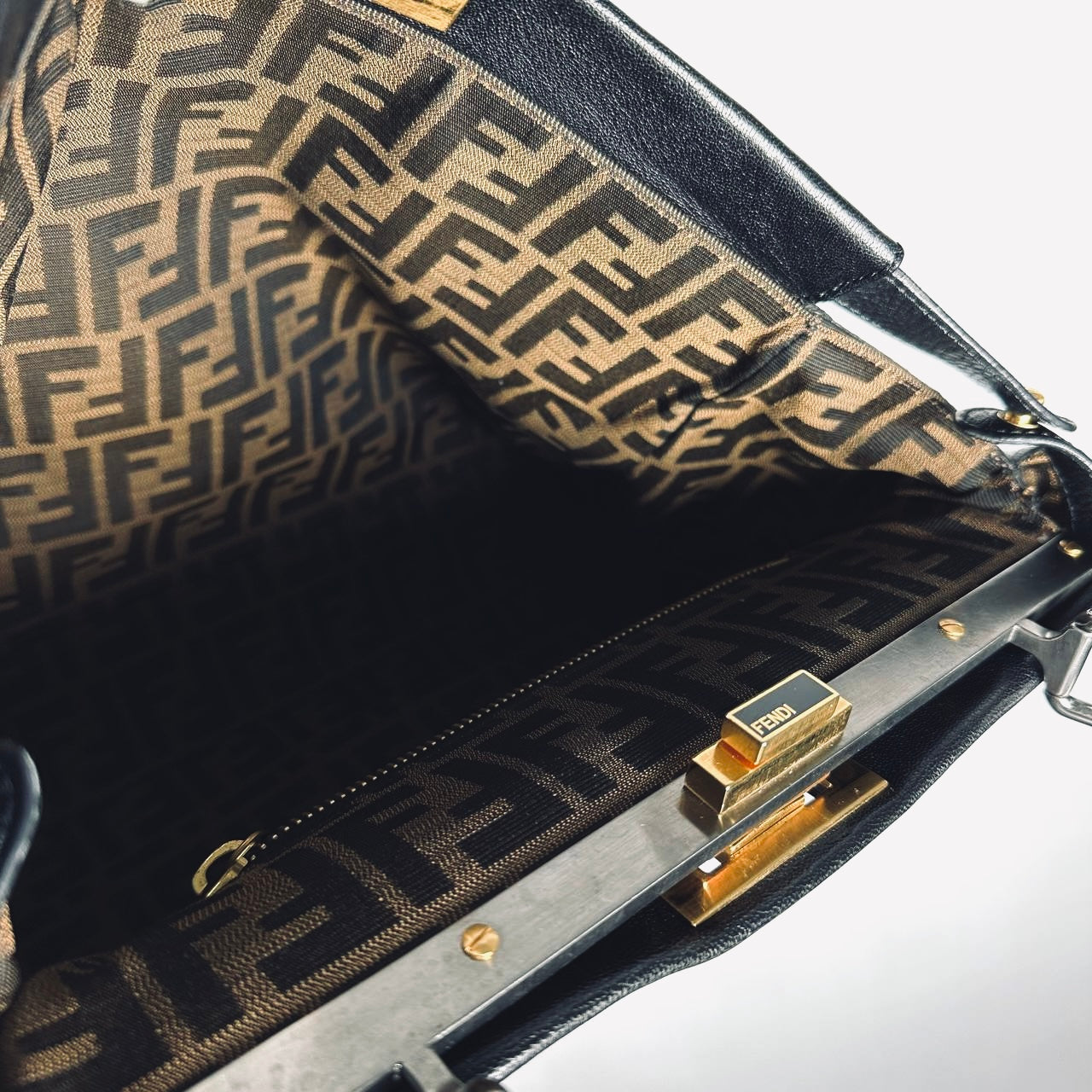 Fendi Peekaboo Black FF Zucca Monogram Logo Nappa Leather 2-Way Shoulder Sling Turnlock Top Handle Bag