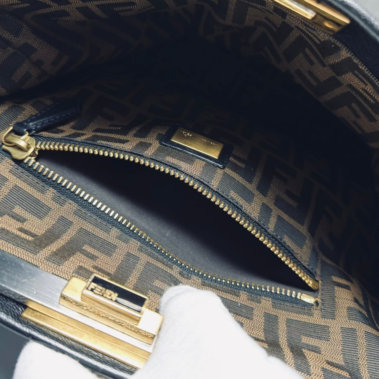 Fendi Peekaboo Black FF Zucca Monogram Logo Nappa Leather 2-Way Shoulder Sling Turnlock Top Handle Bag