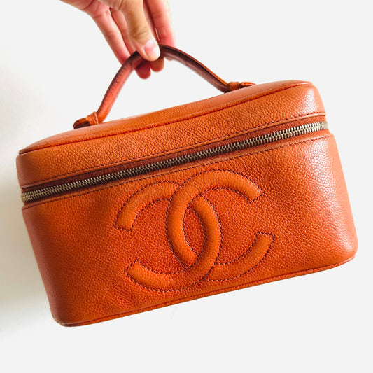 Chanel Orange GHW Caviar Leather Giant CC Logo Wide Horizontal Vanity Case Vintage Top Handle Bag 5s