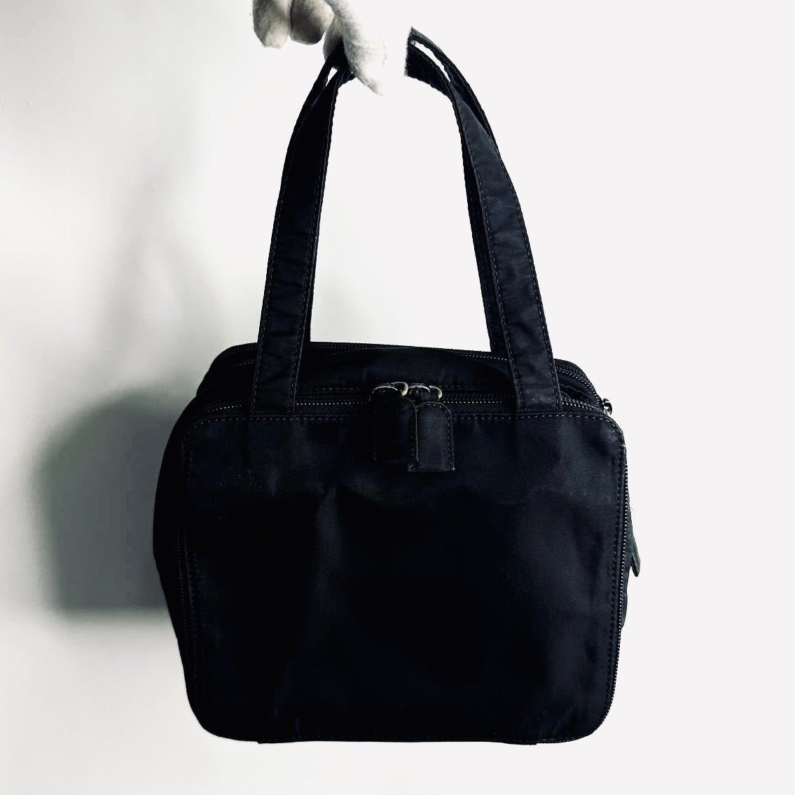 Prada Black Tessuto Beauty Monogram Logo Top Handle Vanity Case Boston Tote Bag