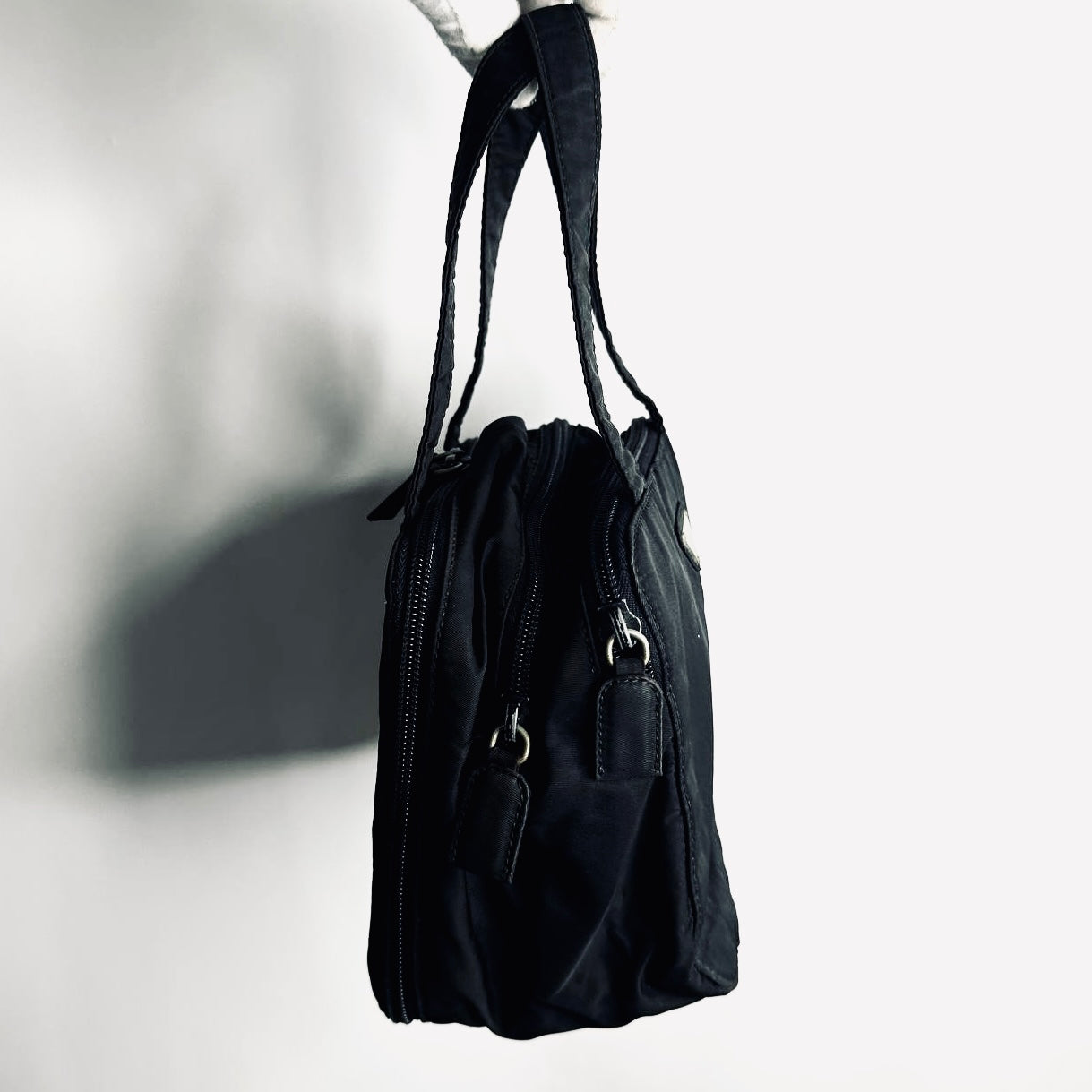 Prada Black Tessuto Beauty Monogram Logo Top Handle Vanity Case Boston Tote Bag