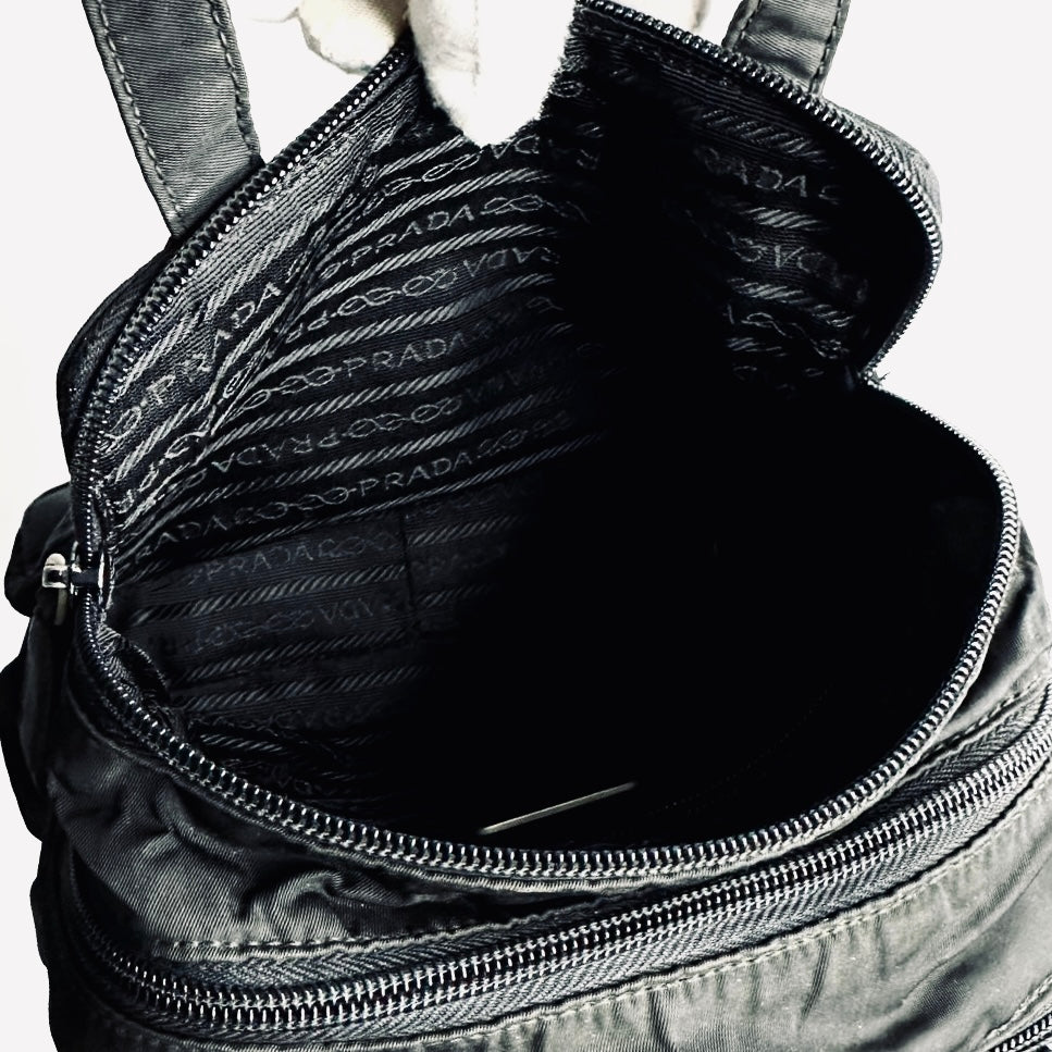 Prada Black Tessuto Beauty Monogram Logo Top Handle Vanity Case Boston Tote Bag