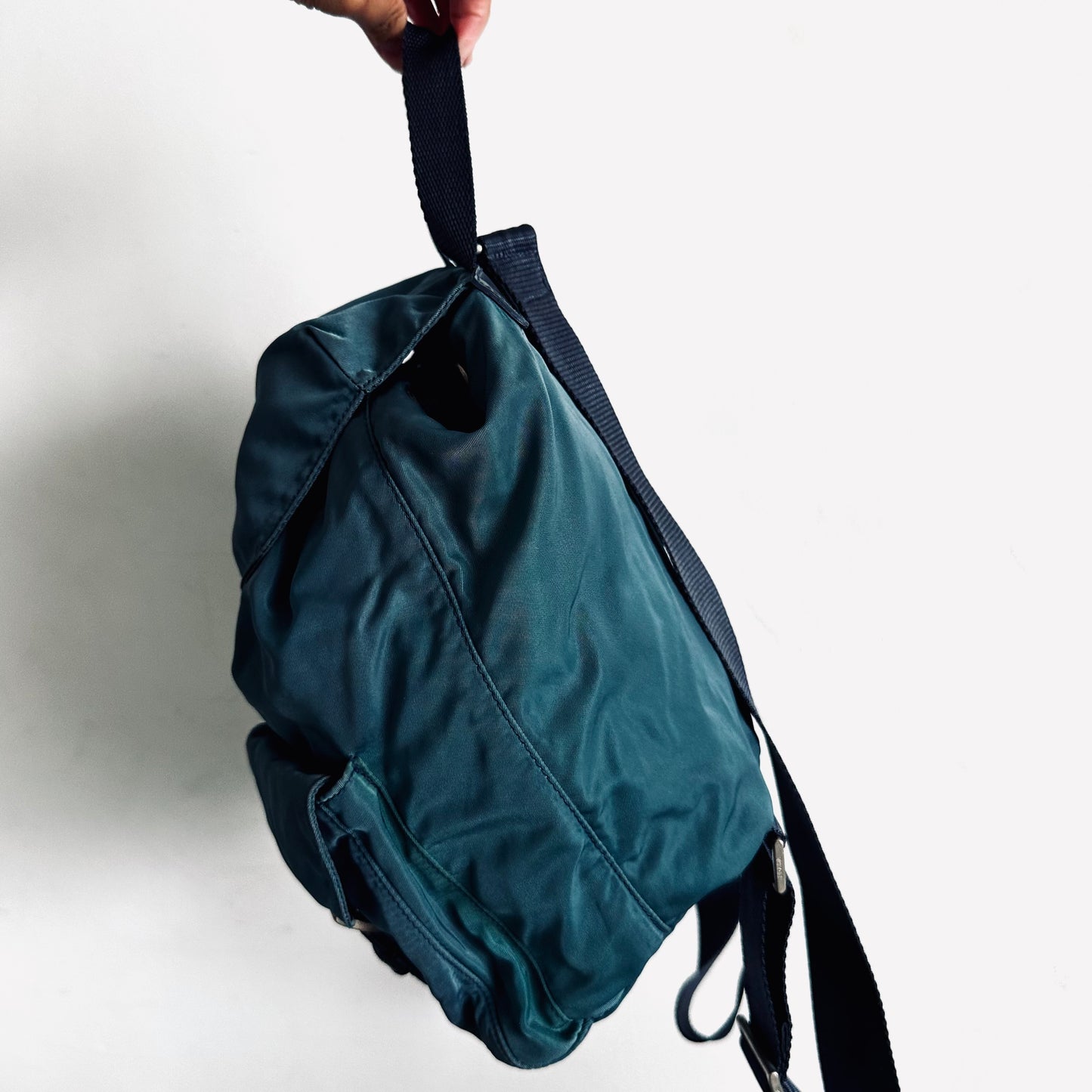 Prada Slate Blue Classic Logo Nylon & Leather Backpack Flap Drawstring Bag
