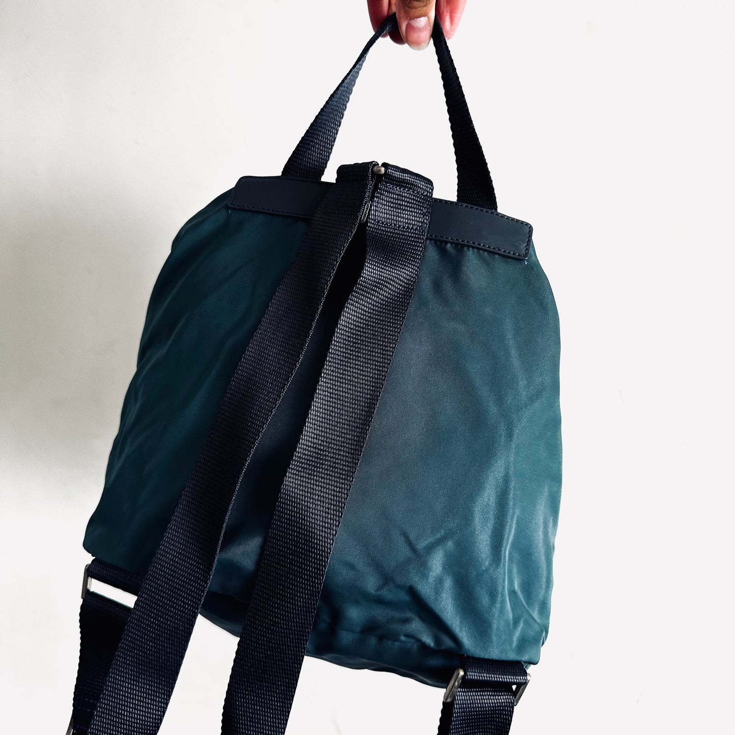 Prada Slate Blue Classic Logo Nylon & Leather Backpack Flap Drawstring Bag