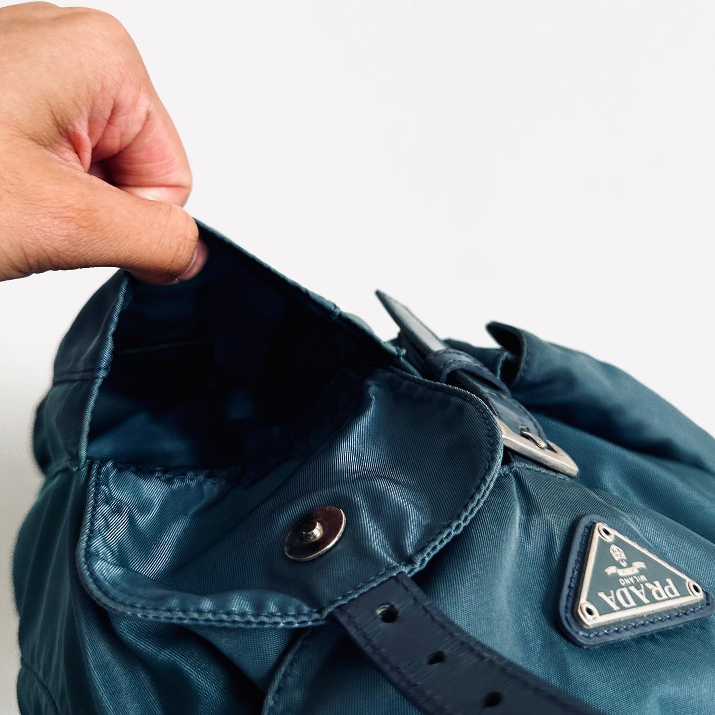 Prada Slate Blue Classic Logo Nylon & Leather Backpack Flap Drawstring Bag