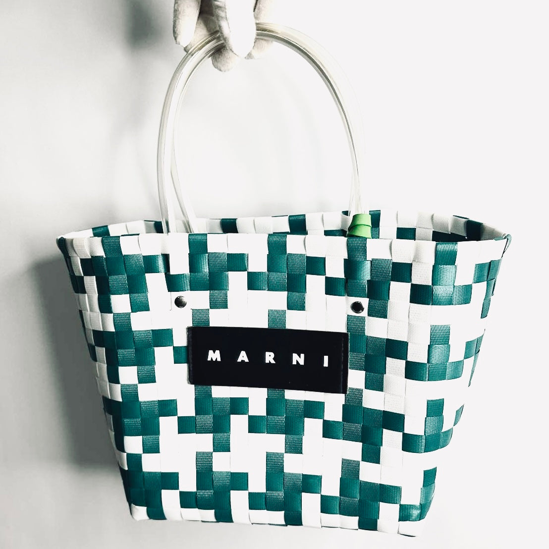 Marni Green / White Market Monogram Logo Interwoven Raffia / Leather Basket Bucket Tote Bag